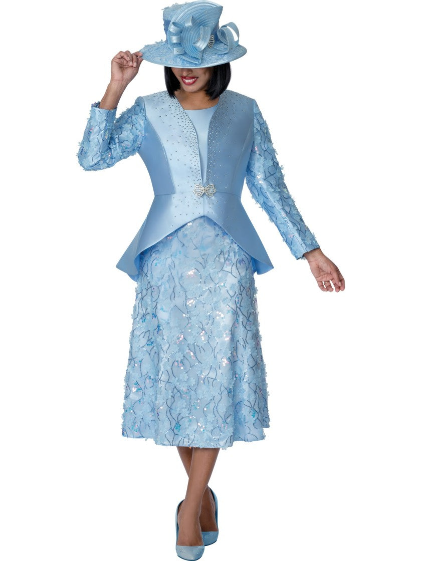 GMI Sky Blue Sequin Floral Peplum 2-Piece Skirt Suit, Style G401783