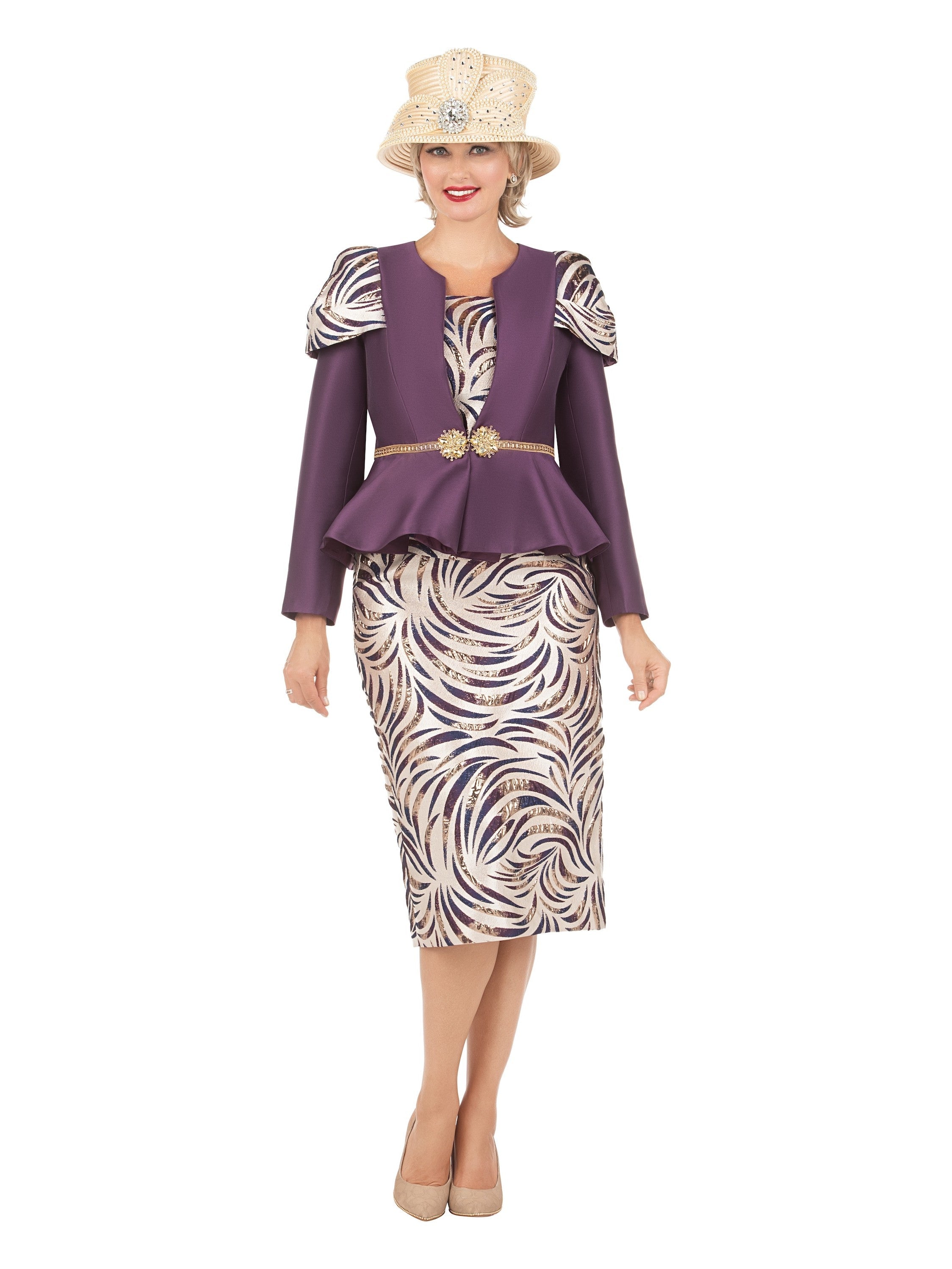 Giovanna 3pc Silky Twl+Brcd Skt Suit w/ Gold Waist Dtl, Style G1209