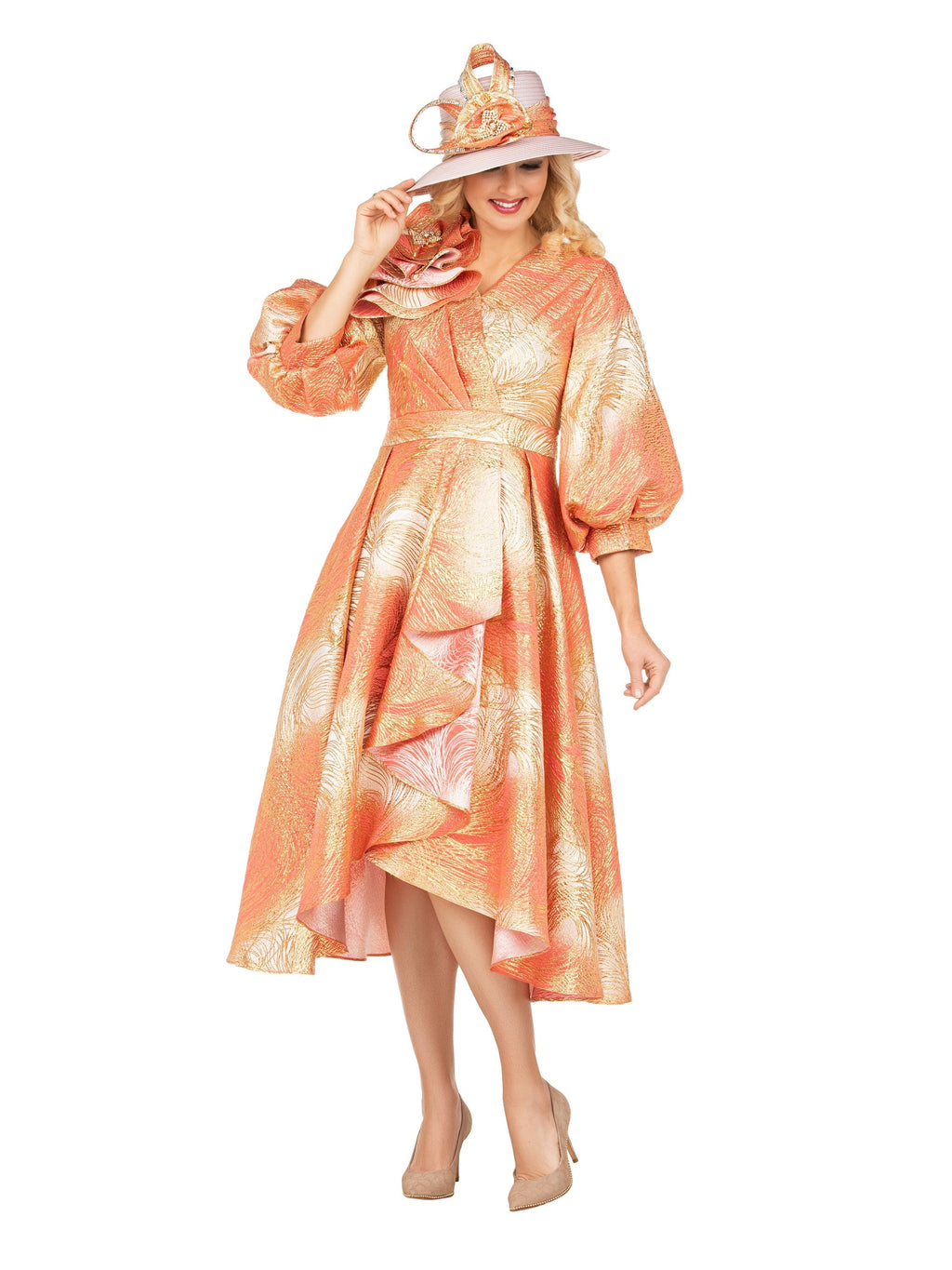 Giovanna Metallic Brocade Dress with Cascade Ruffle-Plus, Style D1679W