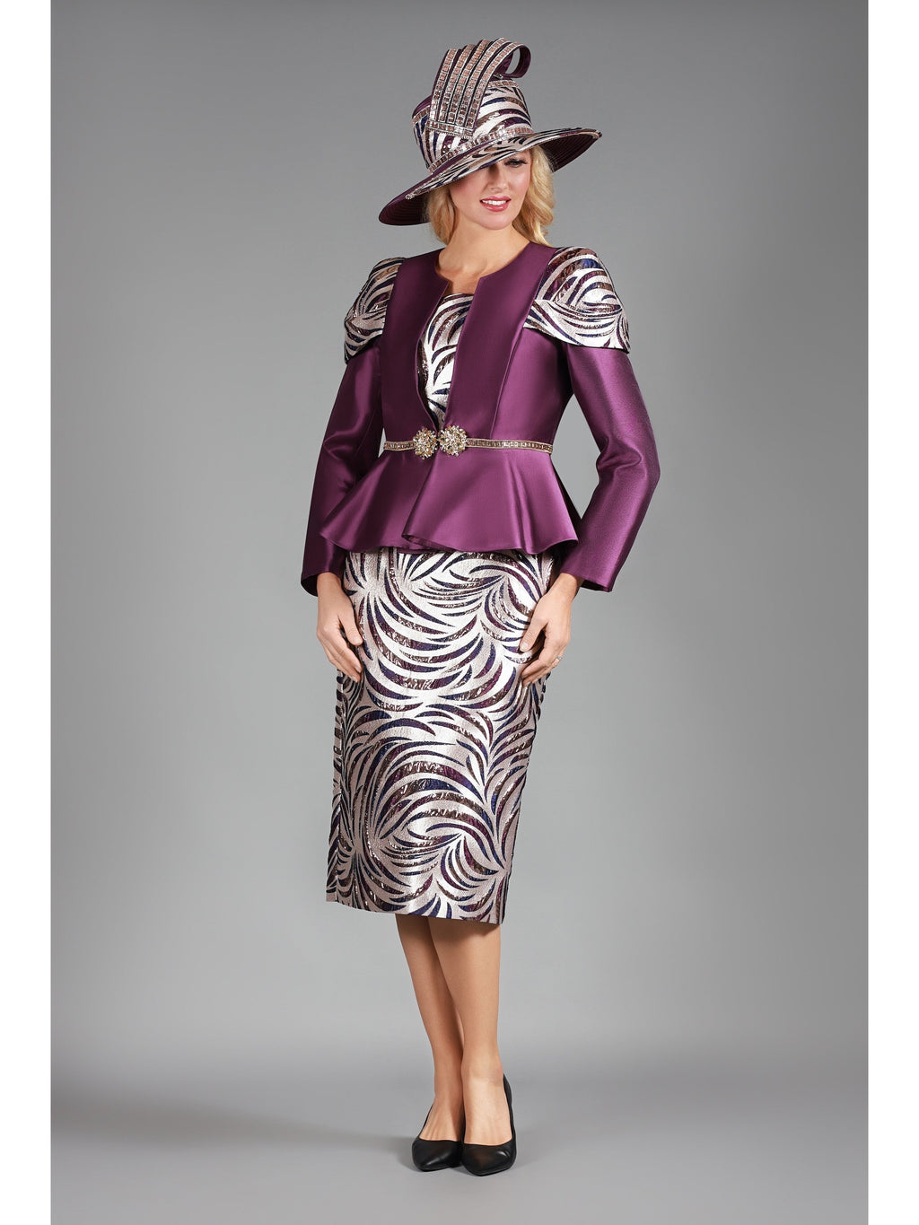 Giovanna 3pc Silky Twl+Brcd Skt Suit w/ Gold Waist Dtl, Style G1209