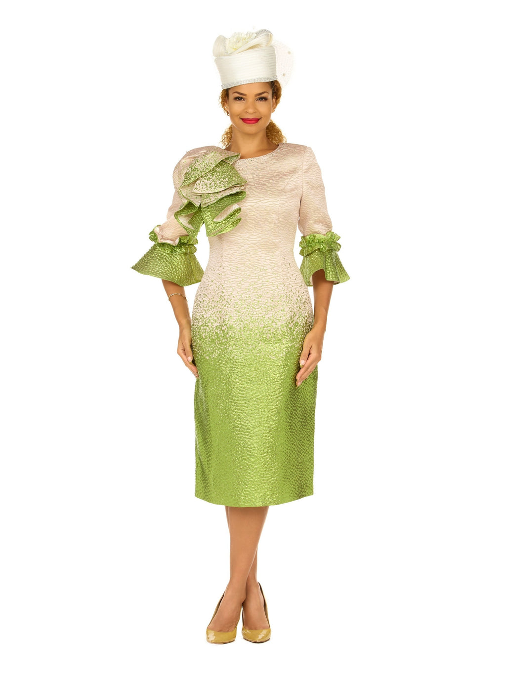 Giovanna Metallic Brocade Ruffle-Shoulder Sheath Dress, Style D1678