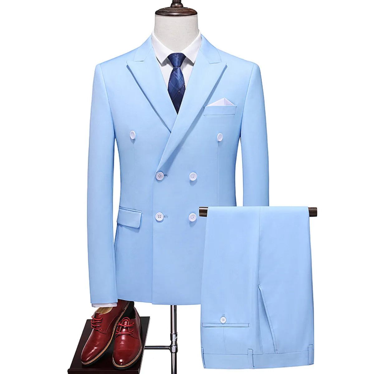Men's Double Breasted Solid Color Coat and Trouser Suit with Lapel
