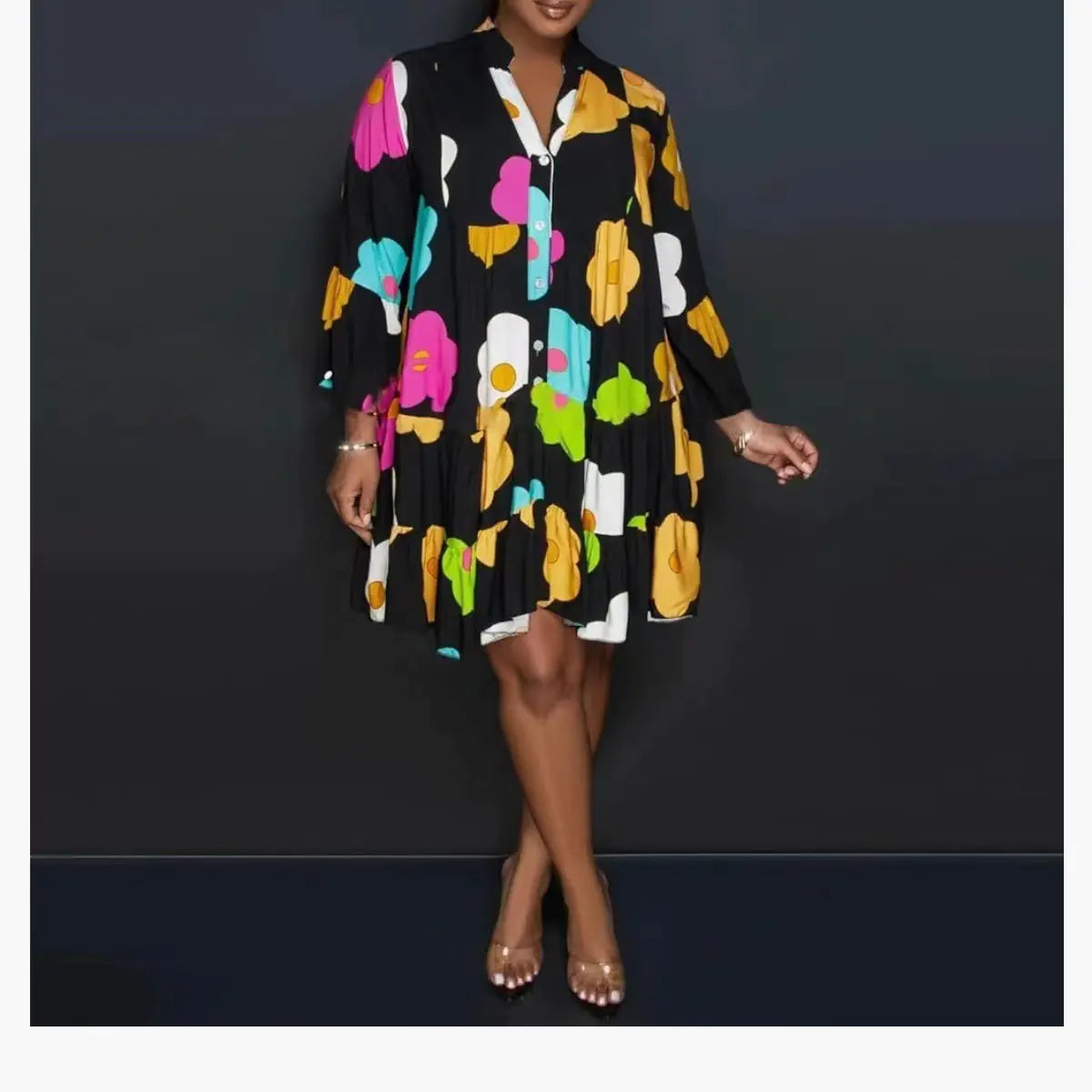 Loose Floral Print Long Sleeve V-Neck Maxi Dress