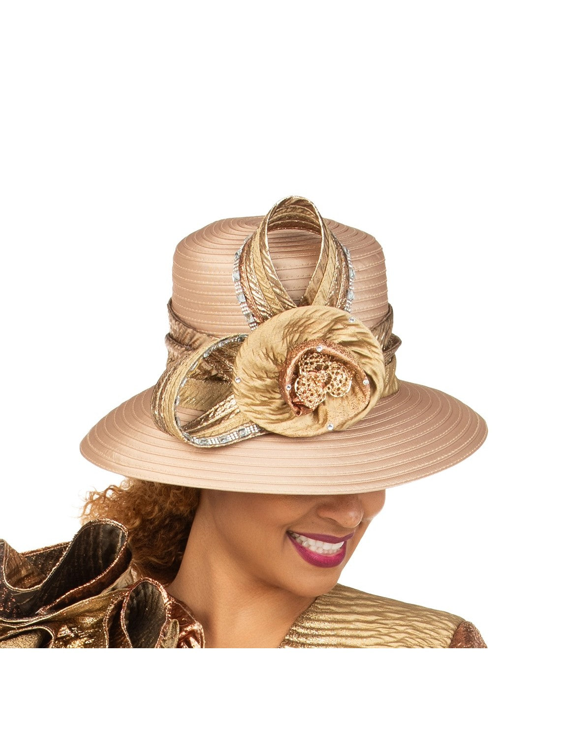 Giovanna Elegant Jeweled Loop Crown Wide Brim Hat, Style HD1679