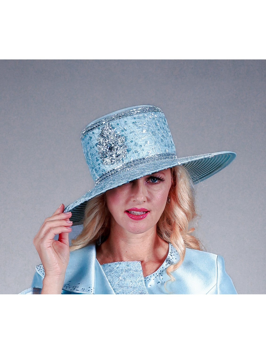 Giovanna Wide Brim Hat w/ Stones and Sequined Lace Trim