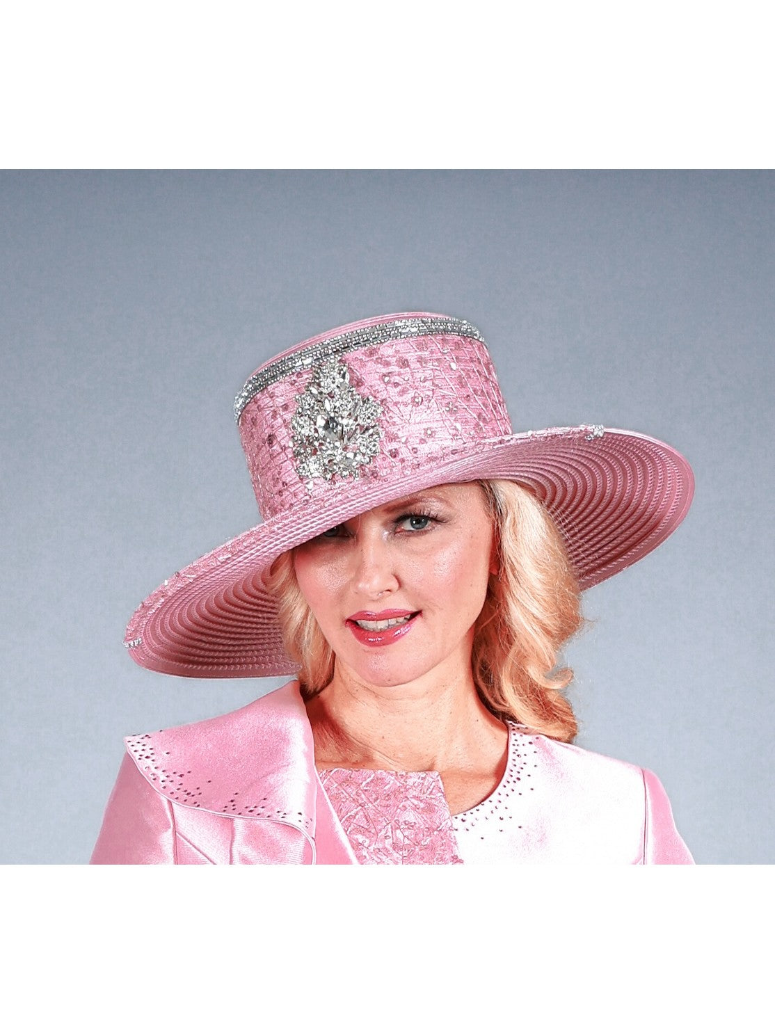 Giovanna Wide Brim Hat w/ Stones and Sequined Lace Trim