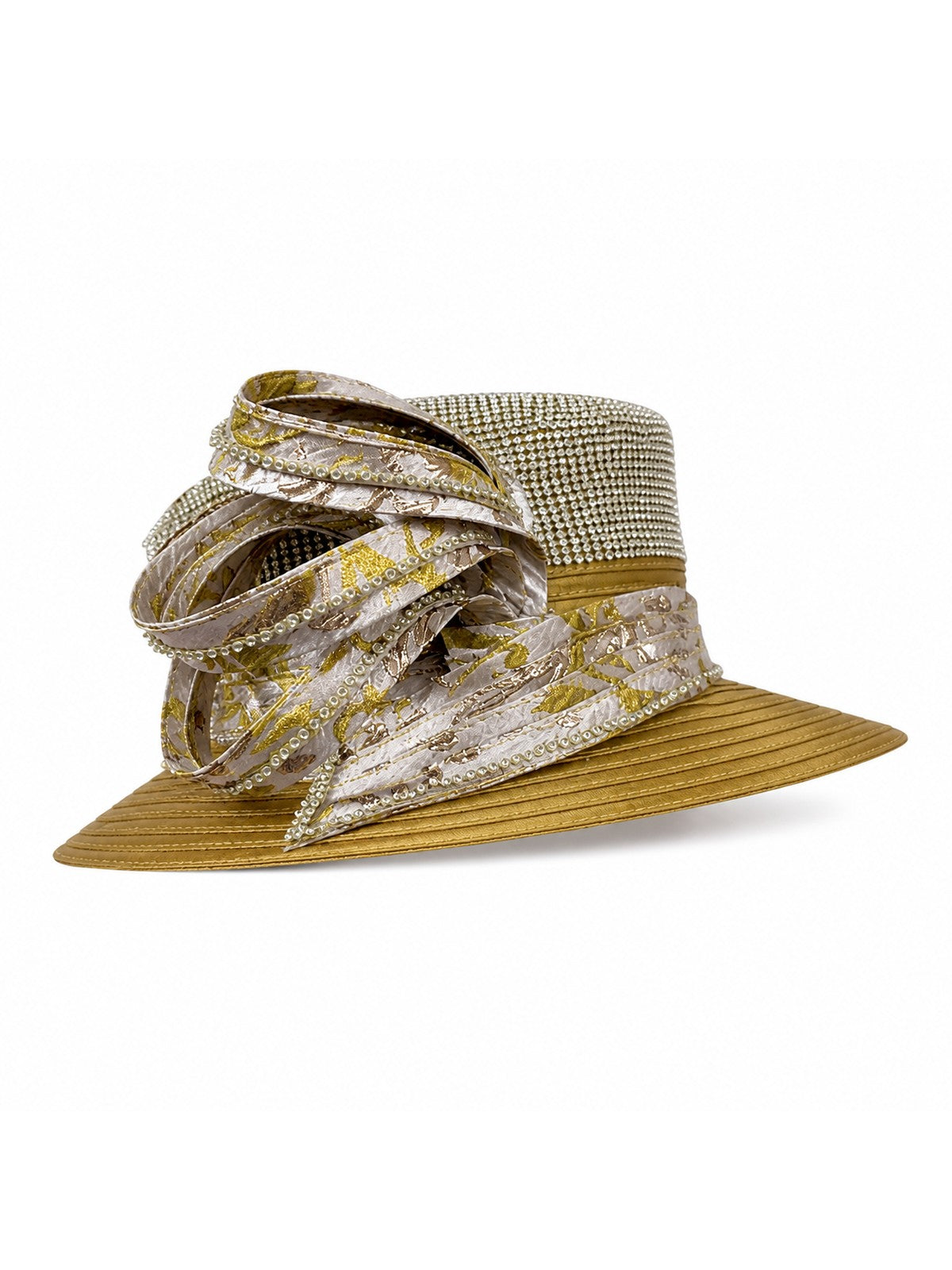 Giovanna Rhinestone Crown Small Brim Hat w/ Ribbon Loops, Style HG1325