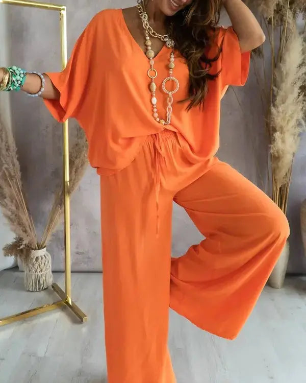 Summer V-Neck Batwing Sleeve Cotton Set