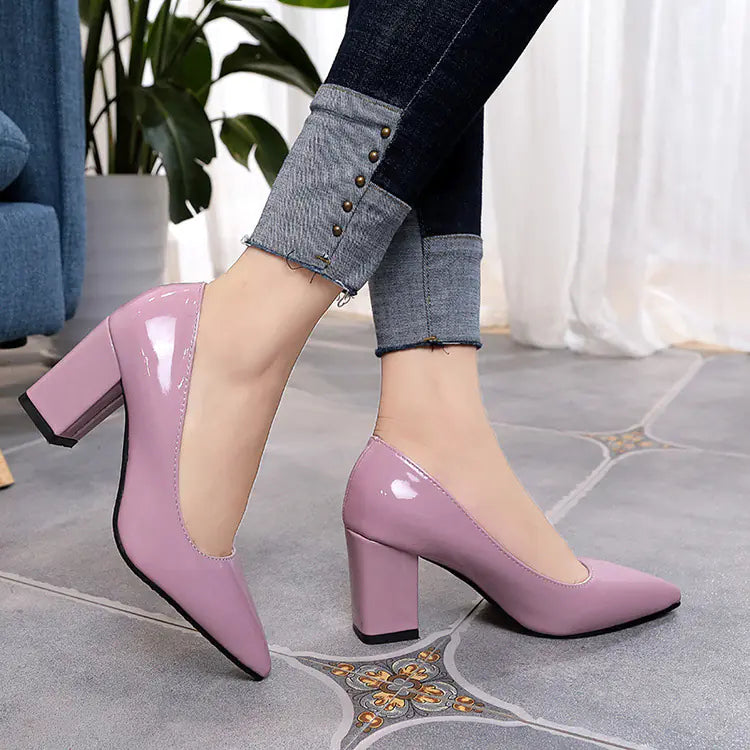 Pointed Toe Chunky Heel Pumps