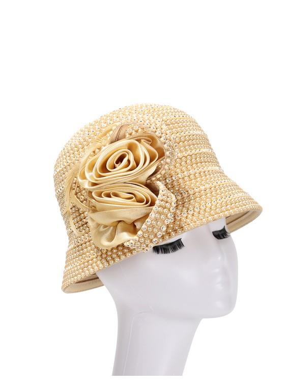 Giovanna Luxury Faux Pearl Studded Rosette Bucket Hat, Style HR22115