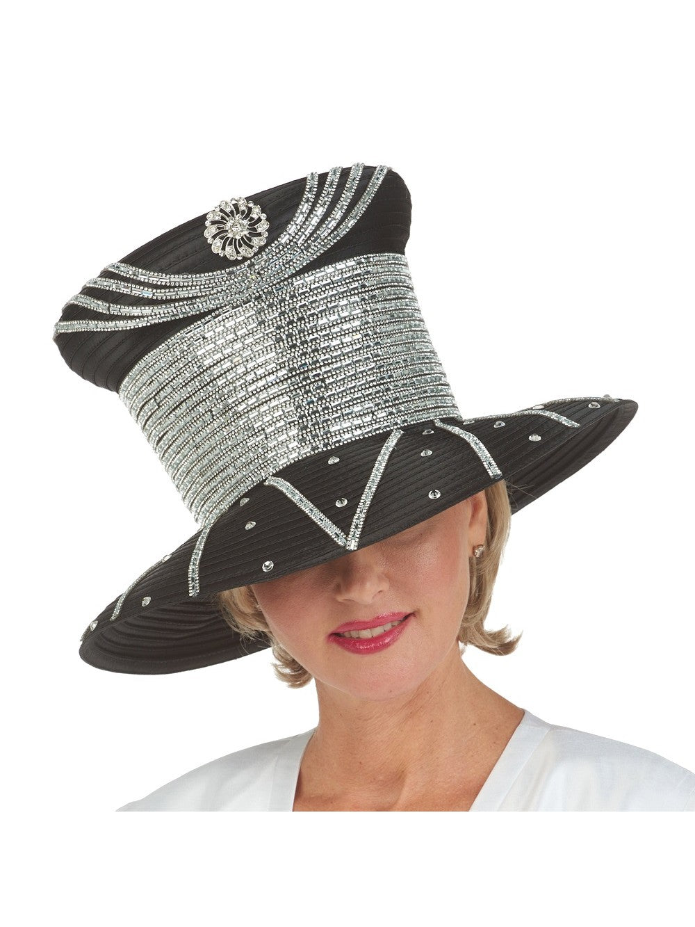 Giovanna High Crown Heavily Stoned Medium Brim Hat, Style HR22134
