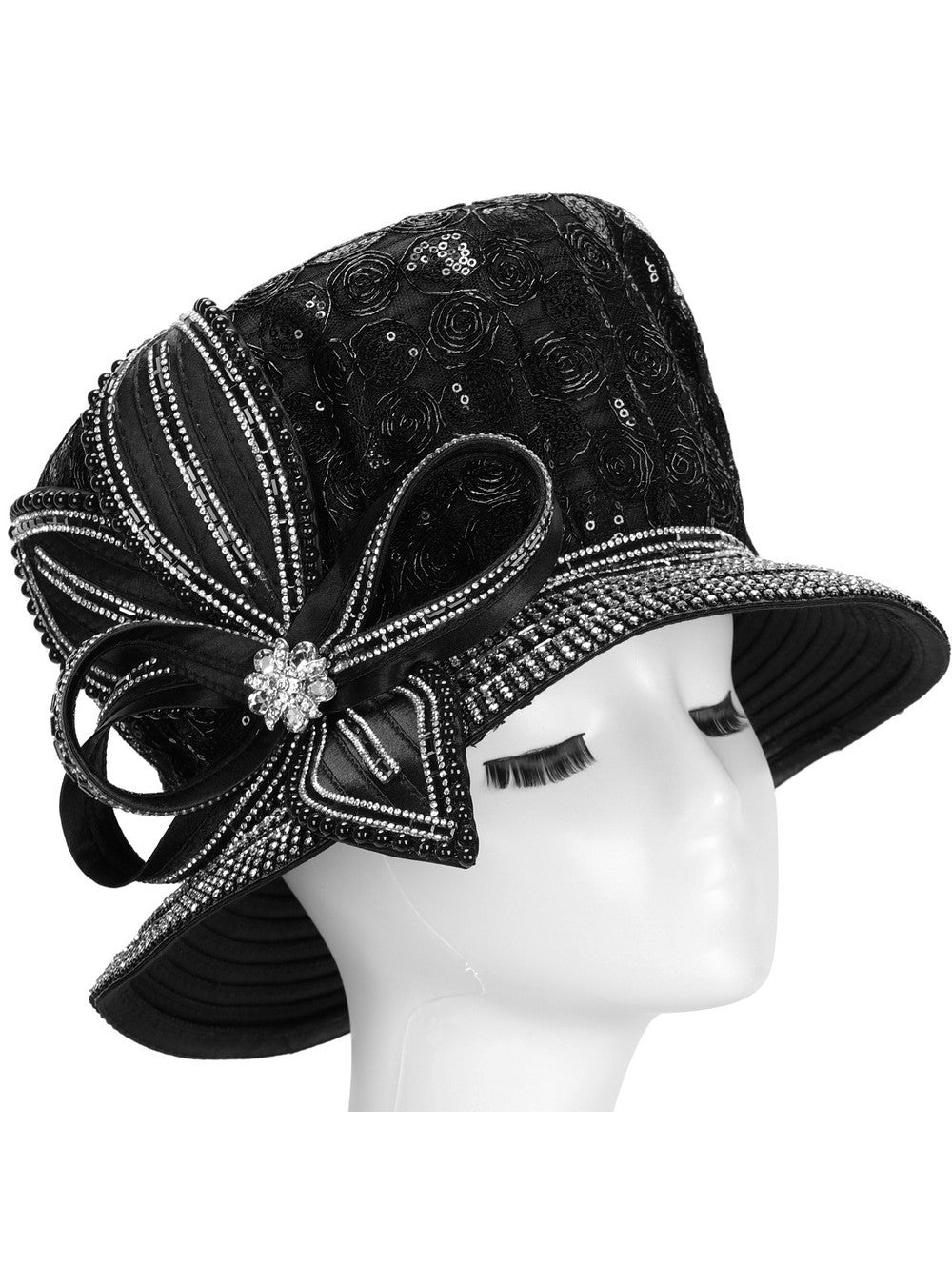 Giovanna Lace Detail Rhinestone Bow Dress Hat, Style HR22137