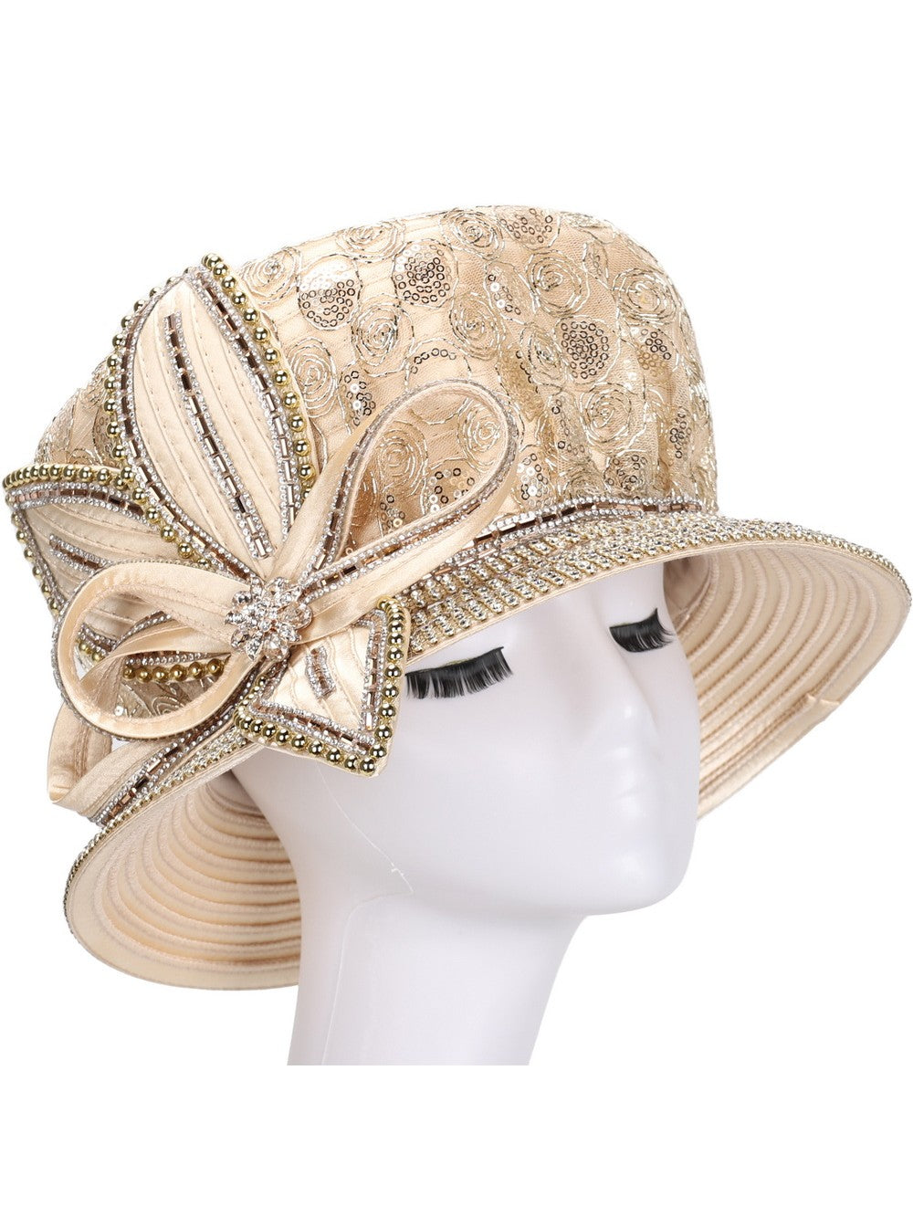 Giovanna Lace Detail Rhinestone Bow Dress Hat, Style HR22137