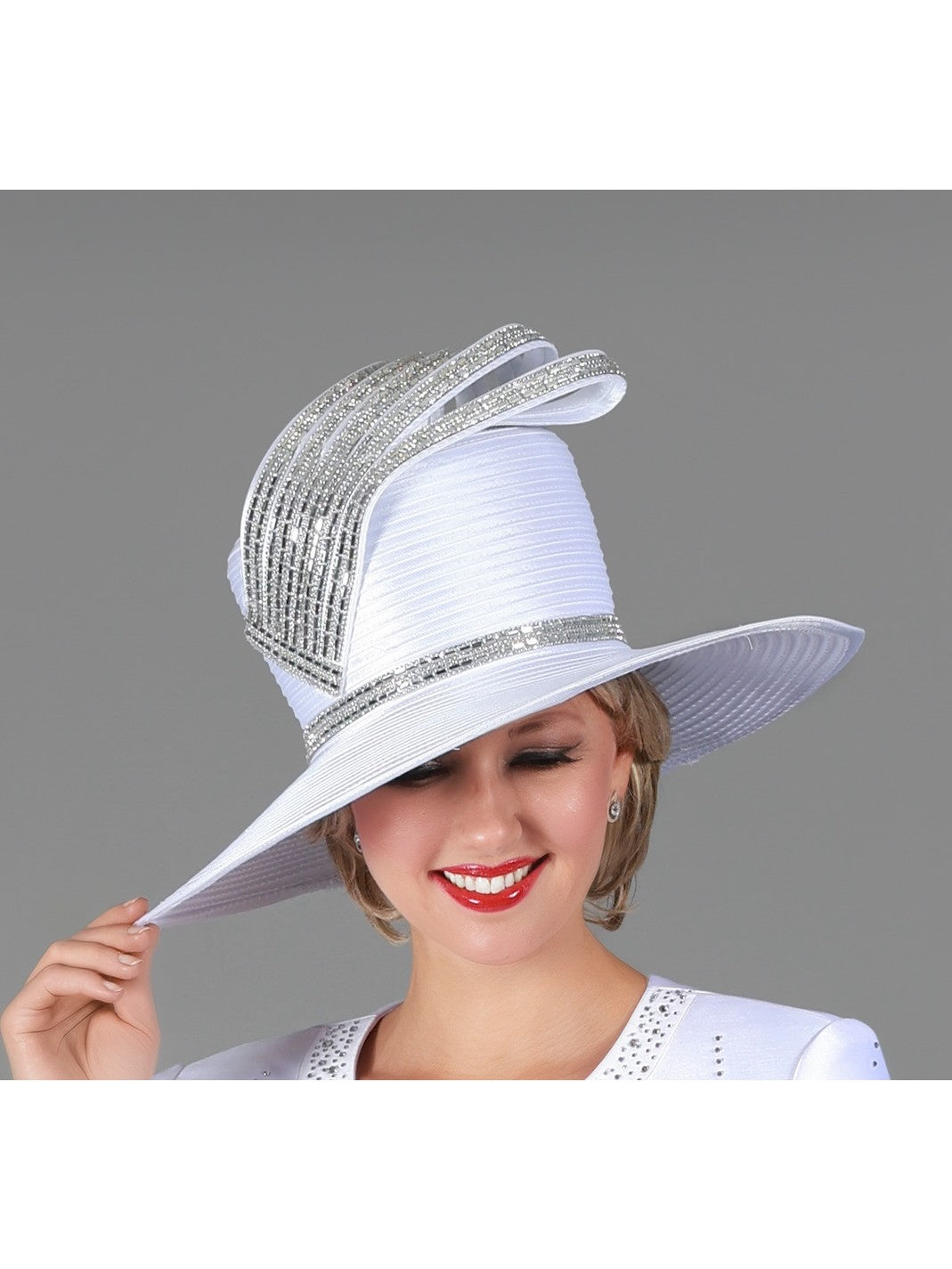 Giovanna Wide Brim Ribbon Hat w/ Rhinestone Strip Bow, Style HR22147