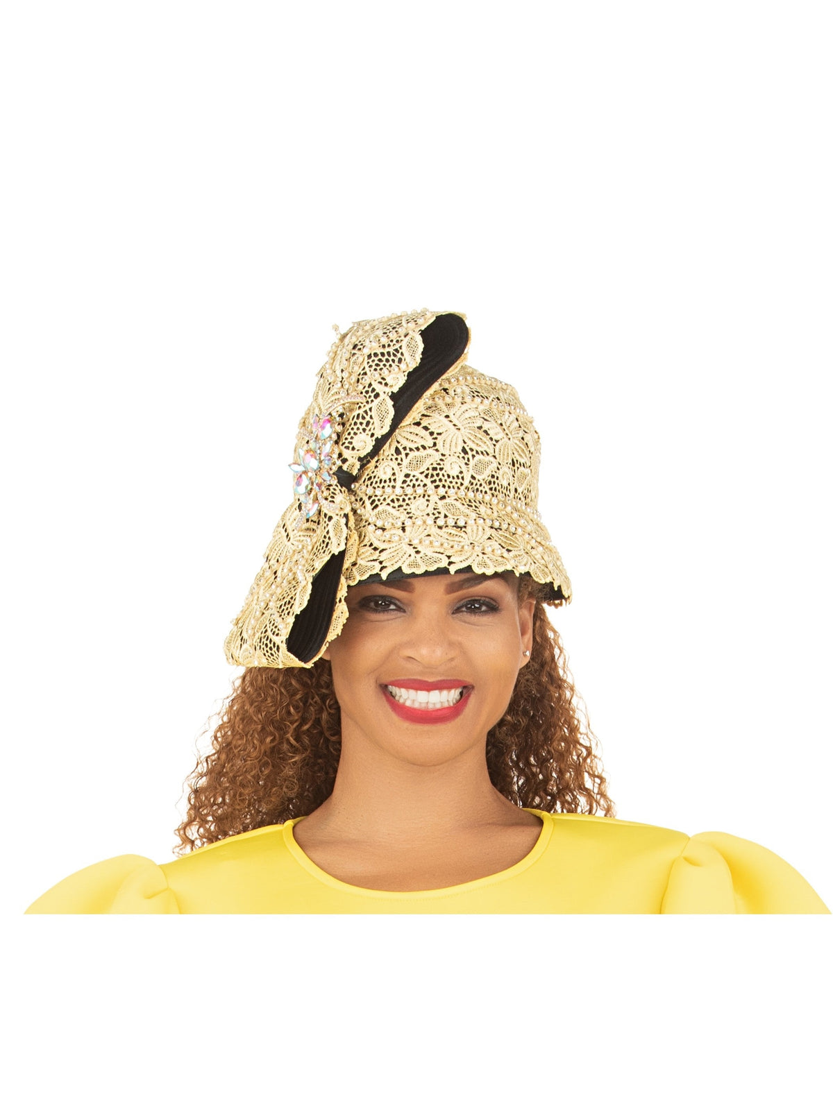 Giovanna Bucket Hat in Lace w/ Bow & Brooch, Style HR22154