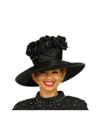 Giovanna Ruffle Crown Wide Brim Hat w/ Beaded Sparkle Trim, Style HR22160