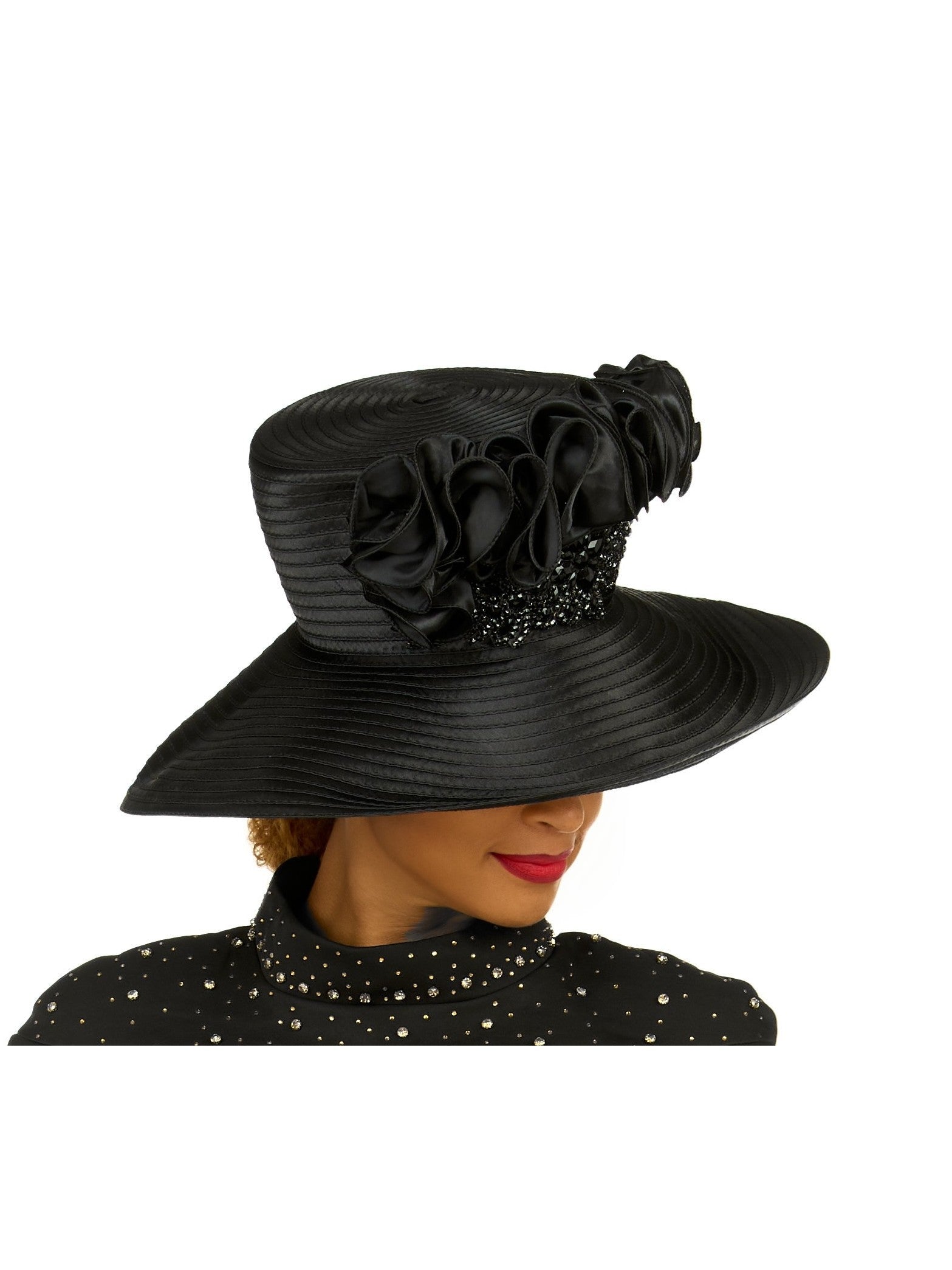 Giovanna Ruffle Crown Wide Brim Hat w/ Beaded Sparkle Trim, Style HR22160