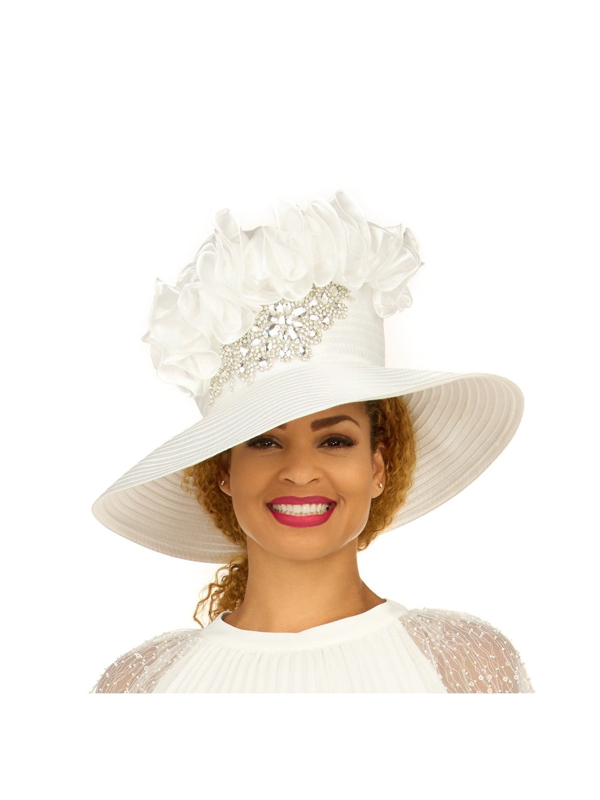 Giovanna Ruffle Crown Wide Brim Hat w/ Beaded Sparkle Trim, Style HR22160