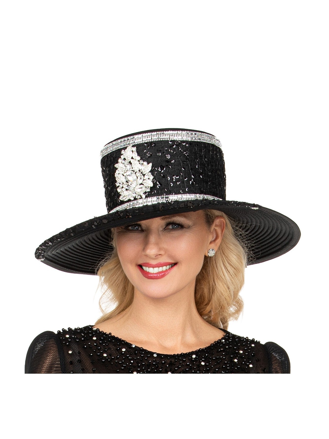 Giovanna Elegant Rhinestone Crest Wide Brim Formal Hat, Style HR22166