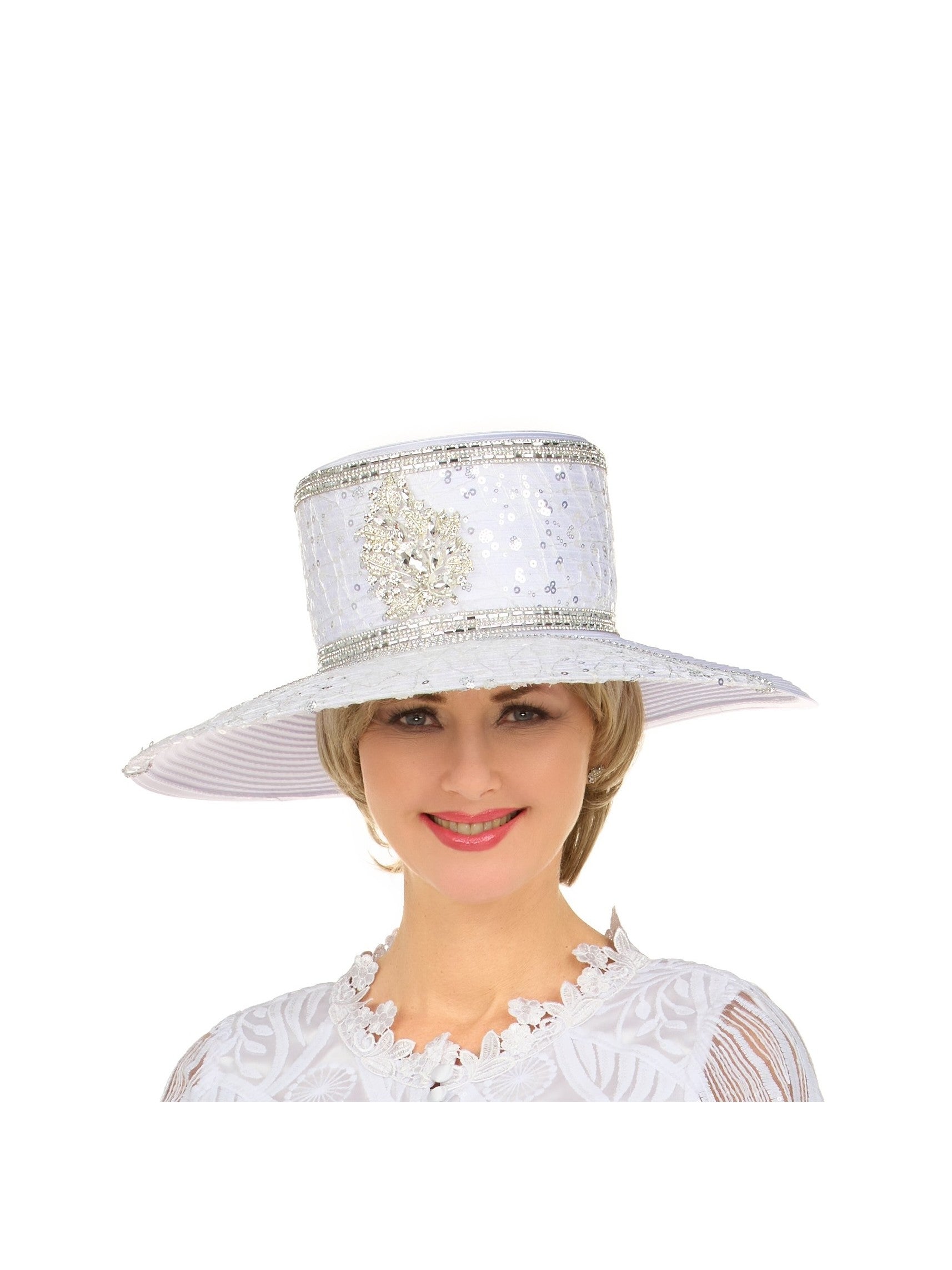 Giovanna Elegant Rhinestone Crest Wide Brim Formal Hat, Style HR22166