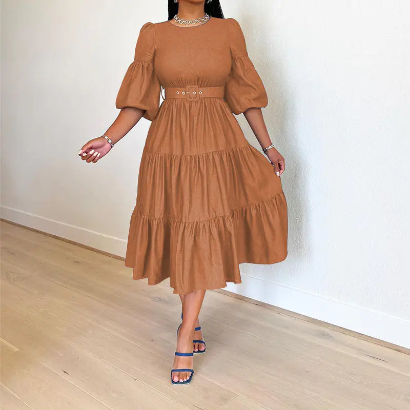 Women's Fashion Round Neck Swing Midi Dress