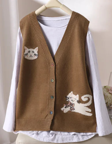 Autumn Loose Simple Knitted Sweater with Cat Embroidery