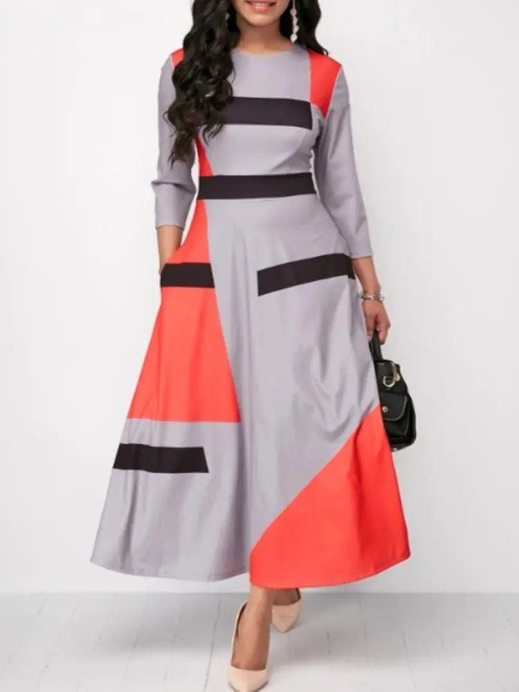Plus Size Color Block Geometric Print Long Dress