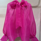Fashion Sheer Bow Tie Puff Sleeve Shirt for Women