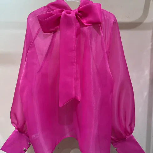 Fashion Sheer Bow Tie Puff Sleeve Shirt for Women