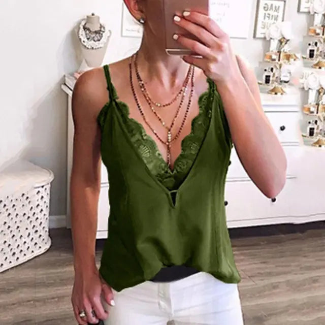 Women's Sexy Summer Deep V-Neck Lace Spaghetti Vest