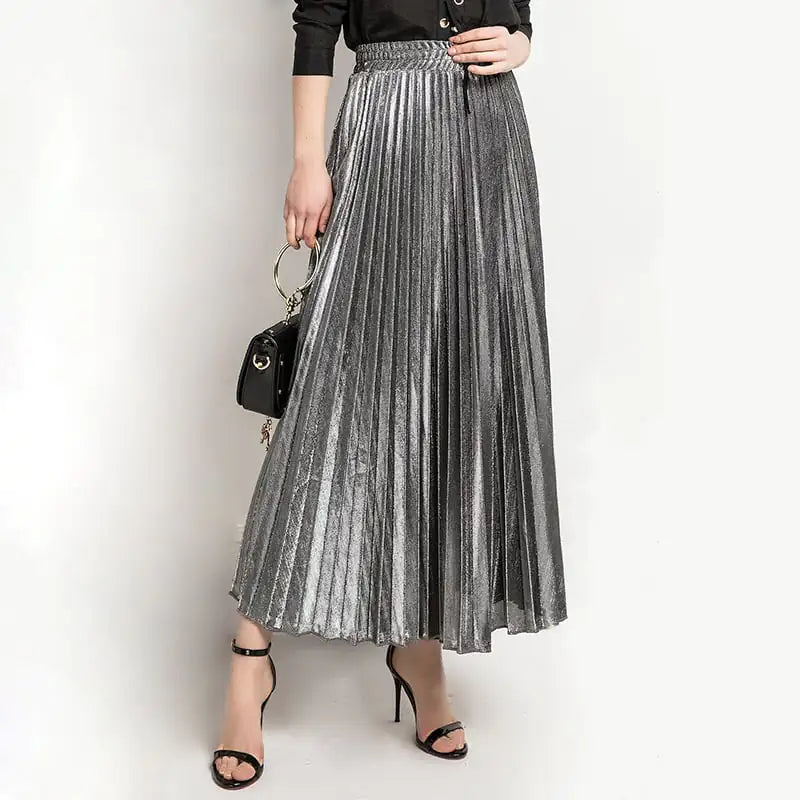 Women's Solid Color Pleated Polyester Midi Skirt