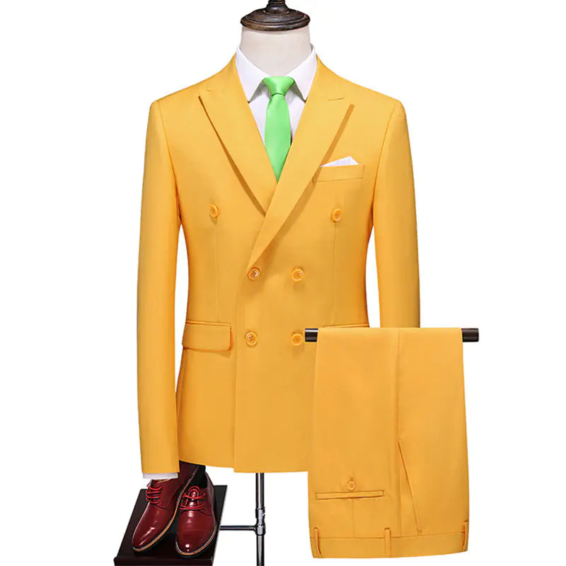 Men's Double Breasted Solid Color Coat and Trouser Suit with Lapel