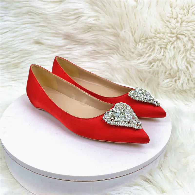 Crystal Sweetheart Satin Pointed Toe Flats for Women