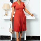 V-neck Pleated Dress with Lotus Leaf Sleeves (Plus Size)