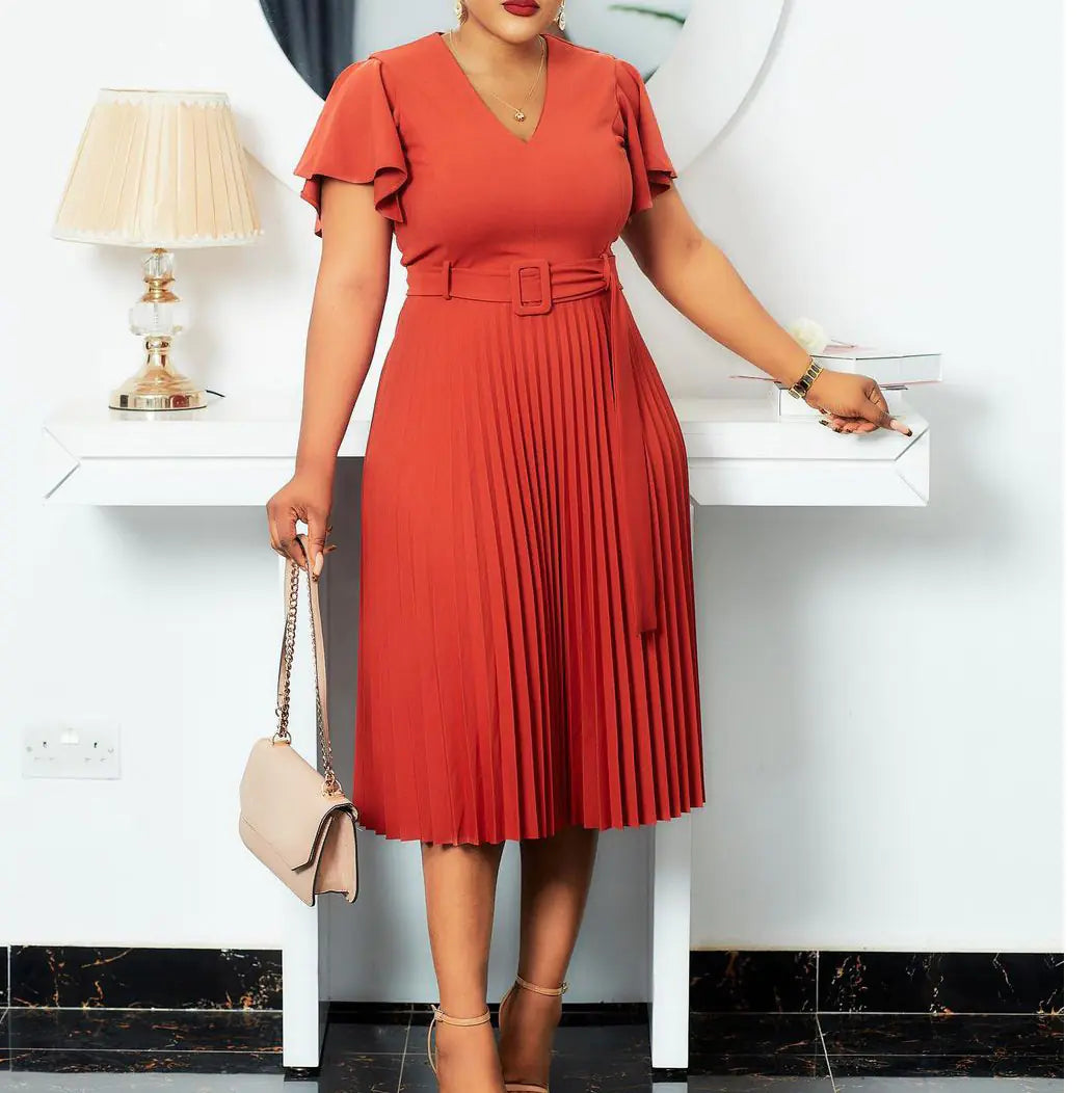 V-neck Pleated Dress with Lotus Leaf Sleeves (Plus Size)