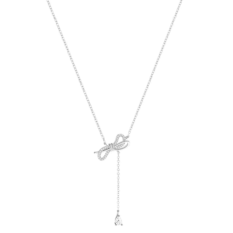 S925 Silver Bow Necklace with Diamond Accents for Women