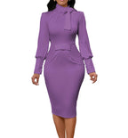 Ibudu Sexy Church Dresses for Women Elegant Bow Tie Lace Button Sleeve Purple