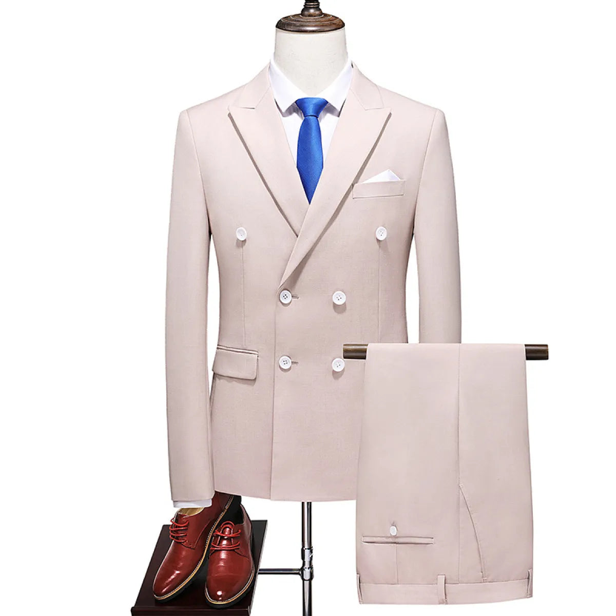 Men's Double Breasted Solid Color Coat and Trouser Suit with Lapel