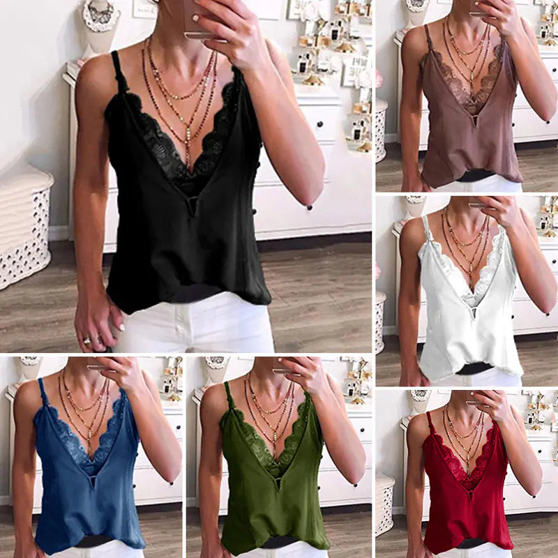 Women's Sexy Summer Deep V-Neck Lace Spaghetti Vest