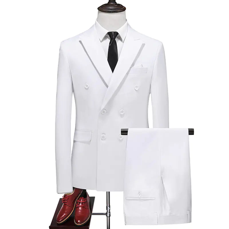 Men's Double Breasted Solid Color Coat and Trouser Suit with Lapel