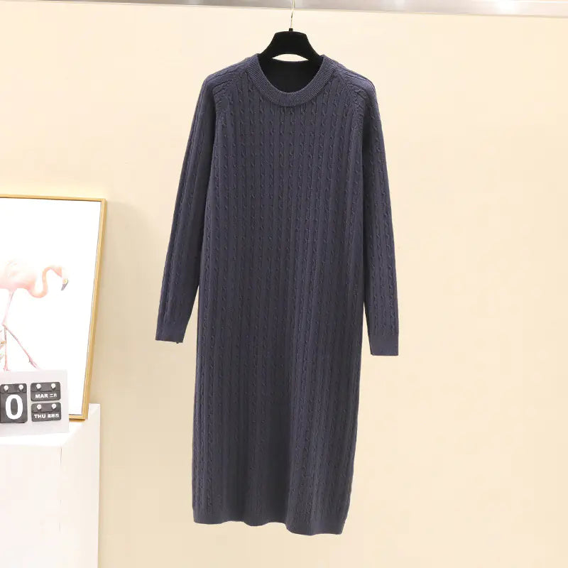 Round Neck Cable Knit Midi Dress - Loose Straight Style