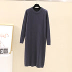 Round Neck Cable Knit Midi Dress - Loose Straight Style