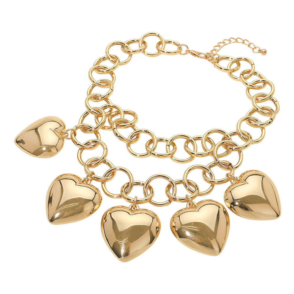 Bold Puffy Metal Heart Charm Station Linked Chain Layered Statement Necklace