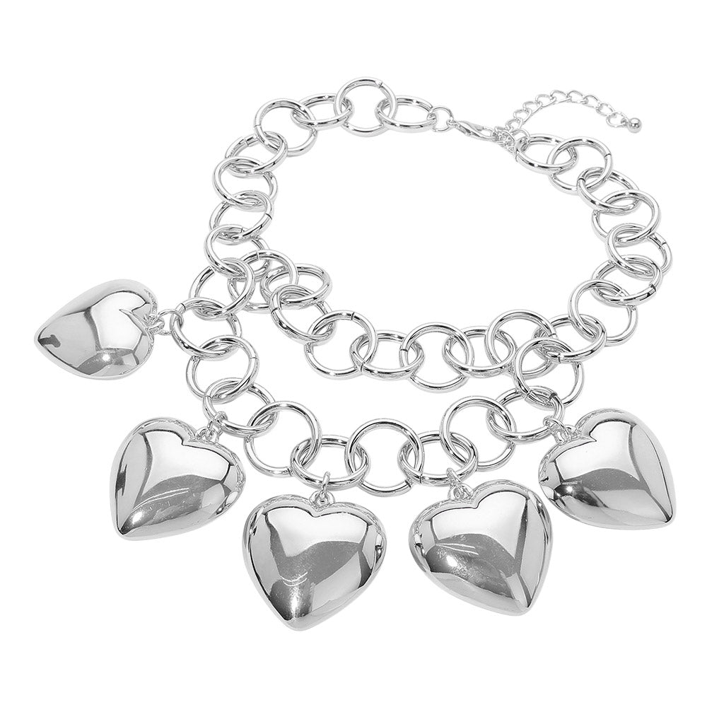 Bold Puffy Metal Heart Charm Station Linked Chain Layered Statement Necklace