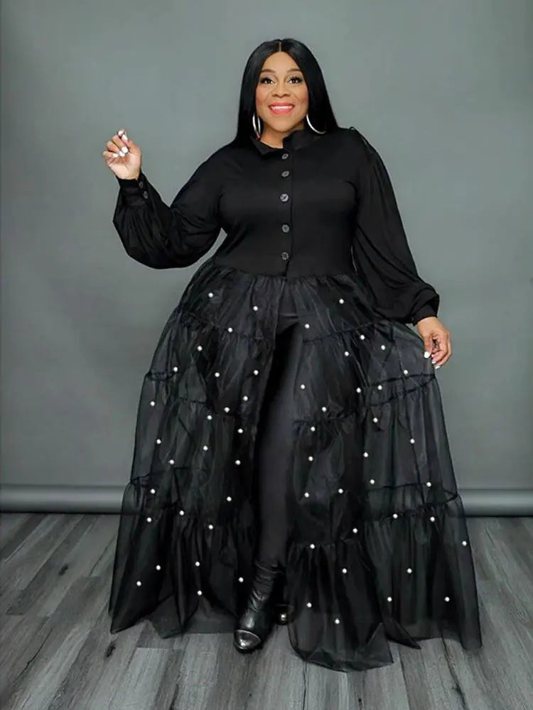 Elegant Plus Size Patchwork Mesh Maxi Dress for Women