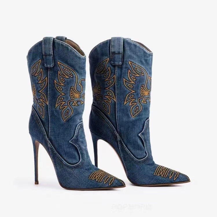 Embroidered Denim Cowboy Ankle Boots for Women