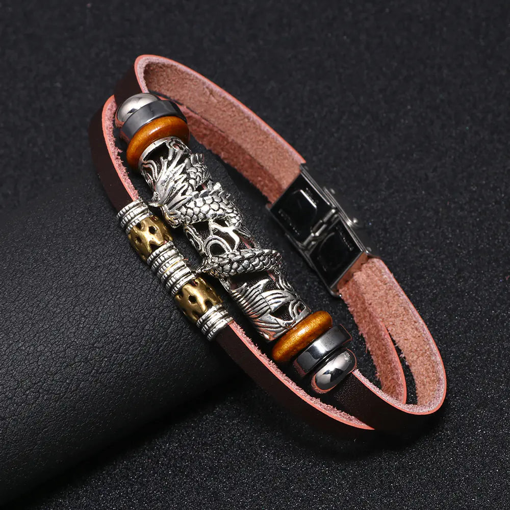 Vintage Chinese Dragon Bracelet, Stainless Steel & Leather