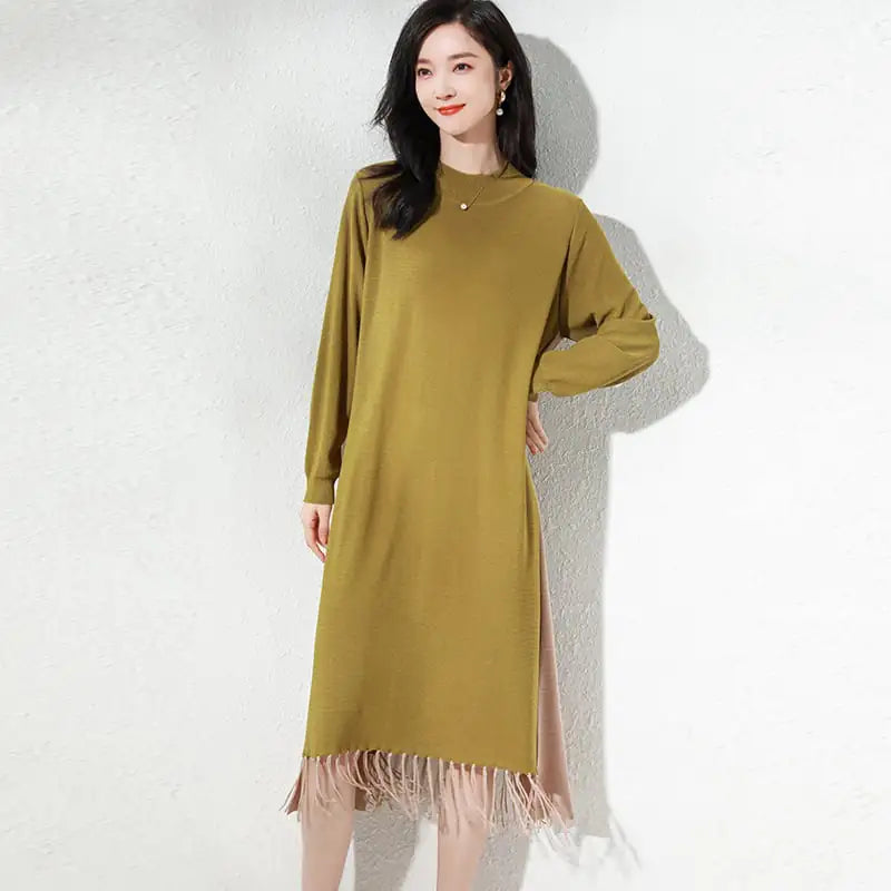 Loose Mid-length Knitted Dress with Tassels