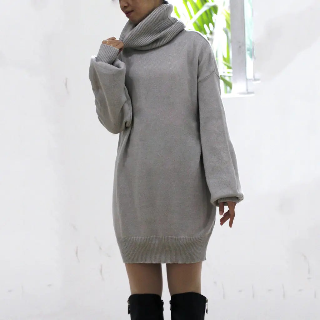 Autumn Warm Knitted Sweater Dress with Turtleneck