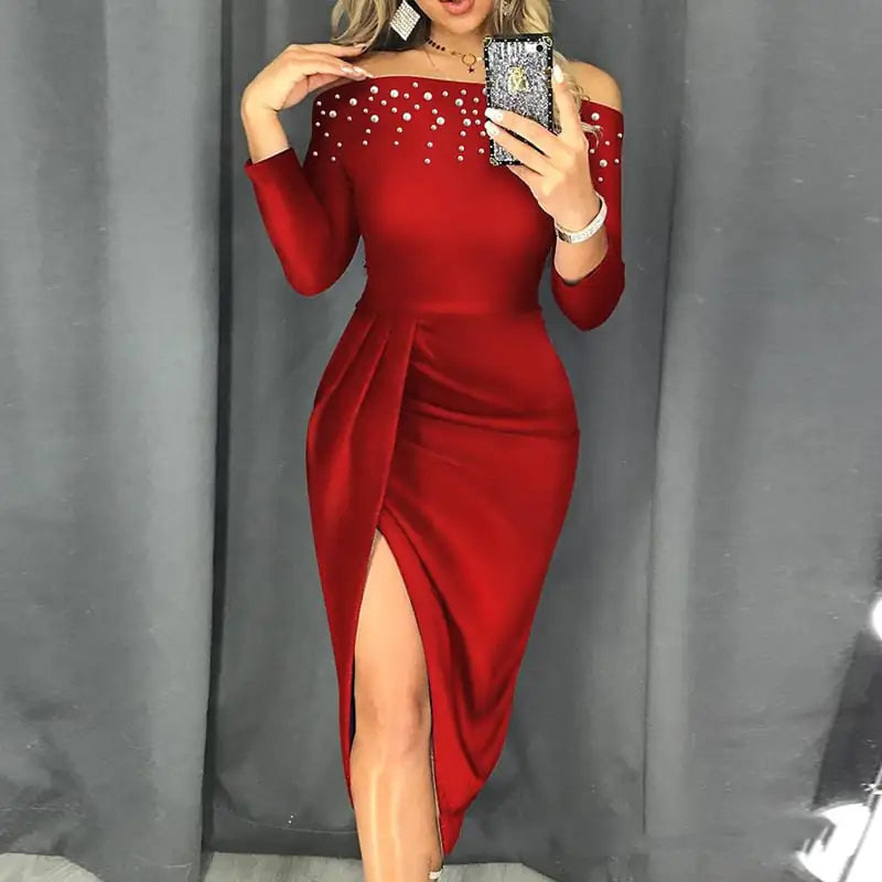 Off-Shoulder Bubble Beads Split Dress for Women